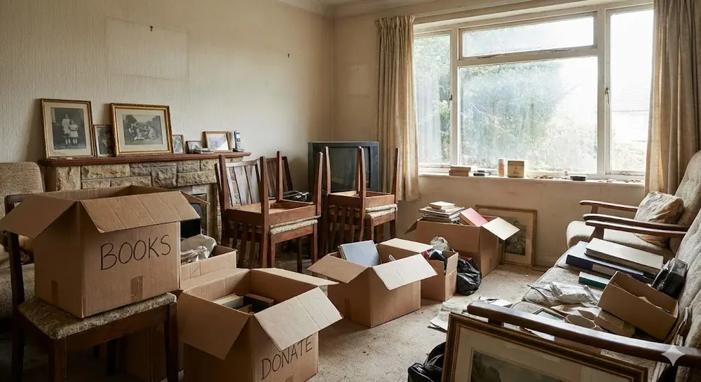 A living room with packed boxes, framed pictures and furniture during a deceased estate clearance